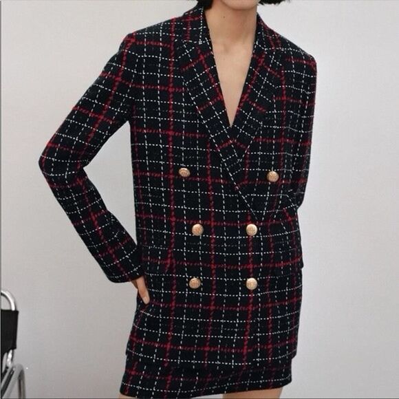 ZARA WOMEN DOUBLE BREASTED PLAID BLAZER GOLD BUTTONS 2051/439 M